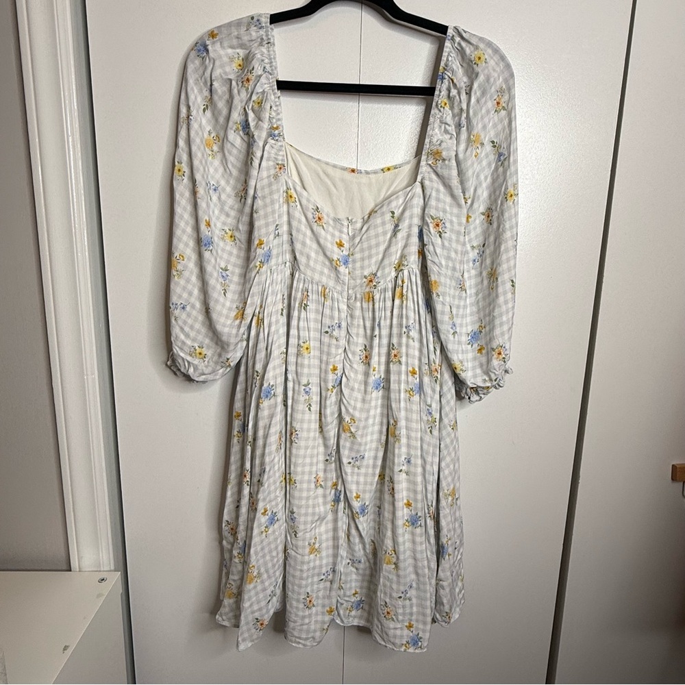 Sweet En Forme Multi Color Flowers Blue Gingham Babydoll Mini Dress Size medium - Picture 4 of 10